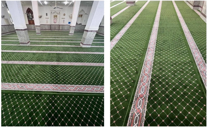 Acrylic mosque carpet installed in a desert region mosque, maintaining color and structure under heat