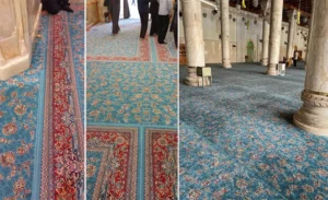 Prayer carpet in religious school with acoustic-friendly thickness and calming colors
